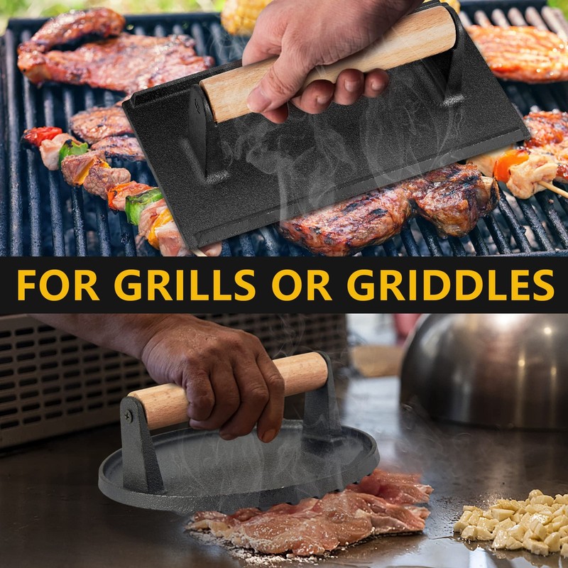 Burger Press Heavy Duty Cast Iron 2 Pcs Round Rectangular - Grill Bacon Sandwich gallery
