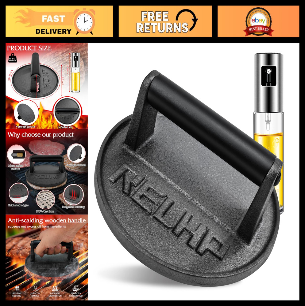 Heavy-Duty 6.5" Cast Iron Burger Press with Wood Handle - Perfect for Smash Burg