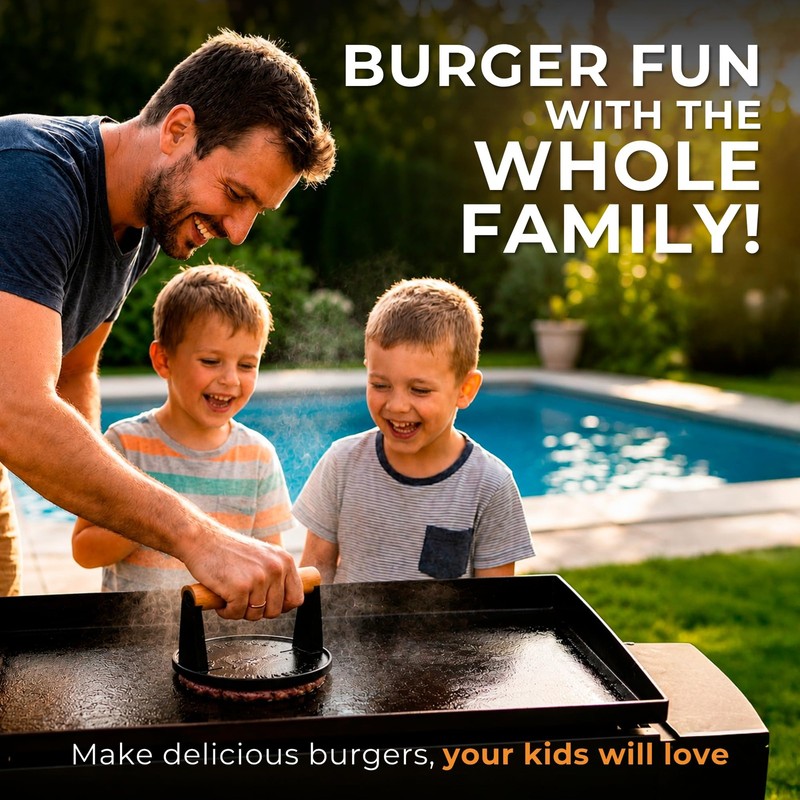 The Burger SmasherTM Pre-Seasoned Heavy Duty Cast Iron Smash Burger Press Kit - gallery