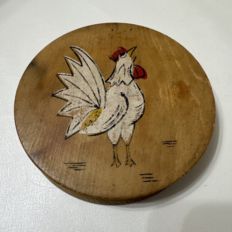 Vintage Japanese BURGER PRESS Hand Painted Hinged Wooden White Roosters gallery