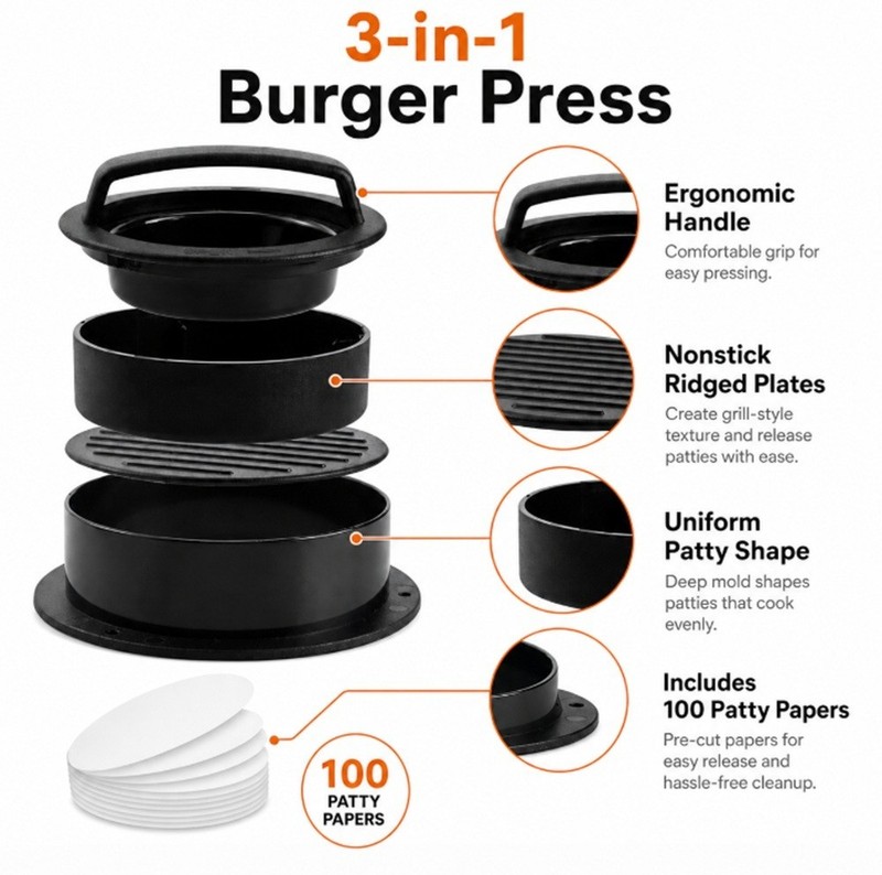 3-in-1 Burger Press Hamburger Patty Maker-Stuffed Burger Press- 100 Burger Paper gallery