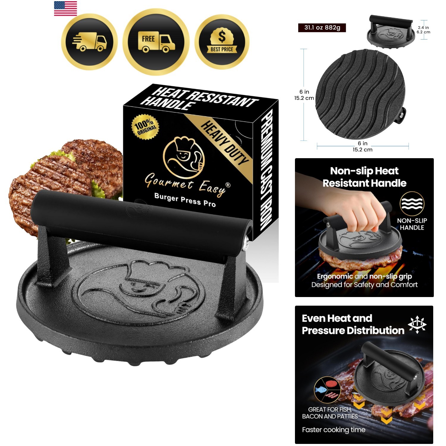 Burger Press Cast Iron for Griddle Smash Burger Tool Heavy Duty Grill Accessory gallery