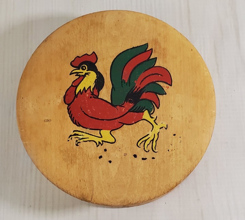 Vintage Wooden Burger Press with Rooster Design Hand Painted Lid Mid Century gallery