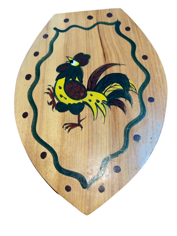 Vintage Wood Hamburger Press with Rooster Hand Painted in Japan gallery