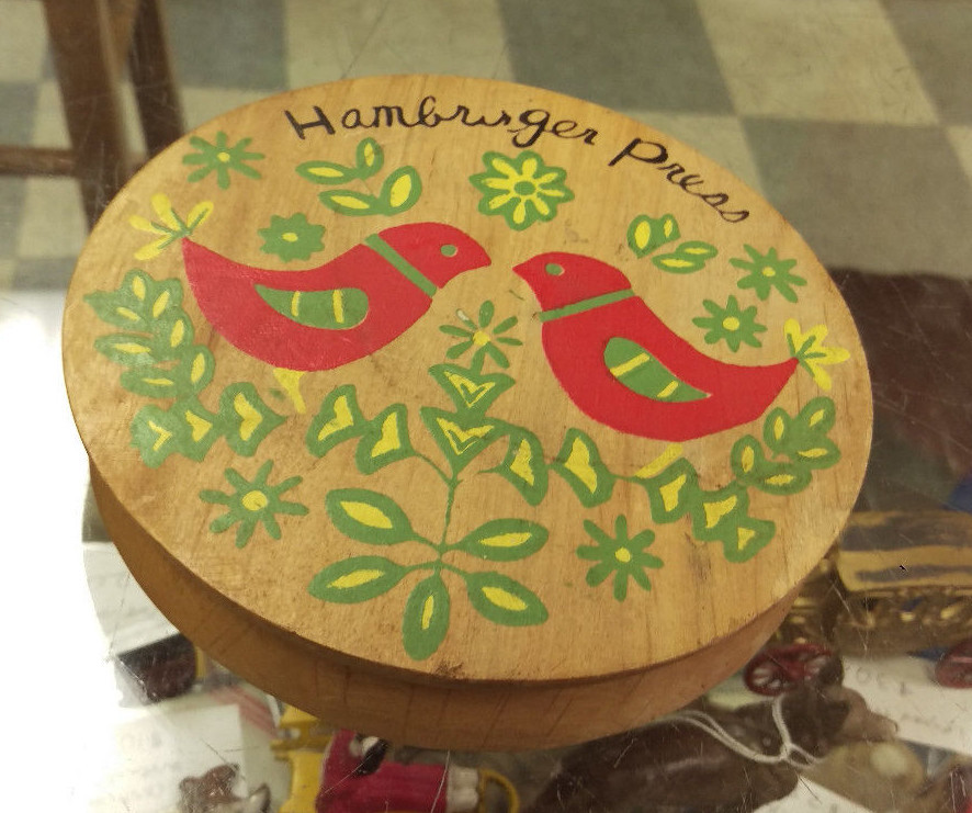 Vintage Wood Hamburger Press handpainted red birds & yellow flowers with green gallery