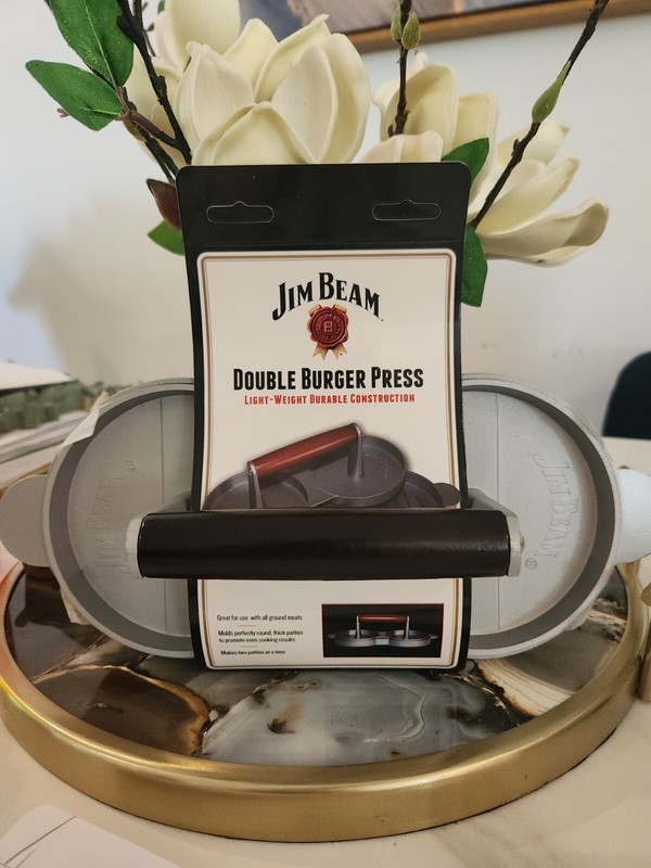 NEW Jim Beam Double Burger Press Light Weight Wood Handles Embossed Beef Patty gallery
