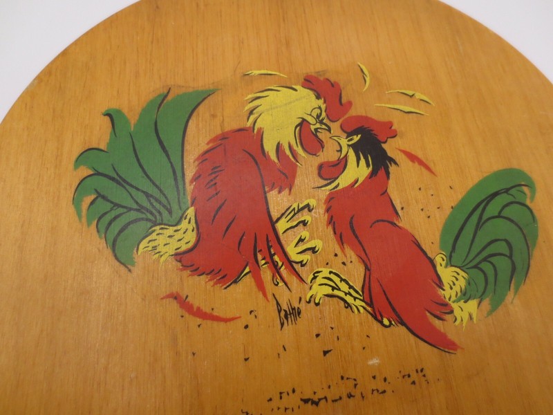 Vtg. Round Wood Hamburger Press - Rooster Applique Hinged Hamburger Patty Press gallery