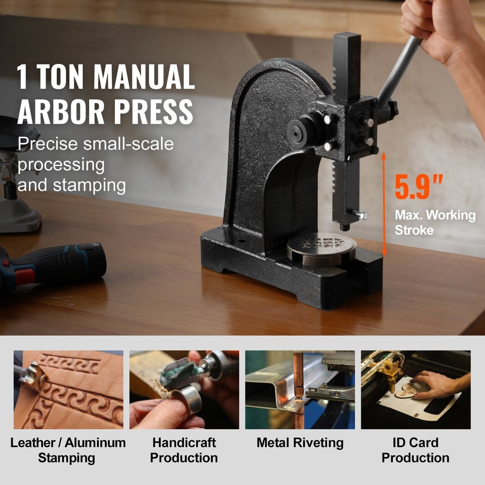 Arbor Press, 1 Ton Manual Arbor Press, 5.9" Maximum Height, Cast Iron Heavy-duty