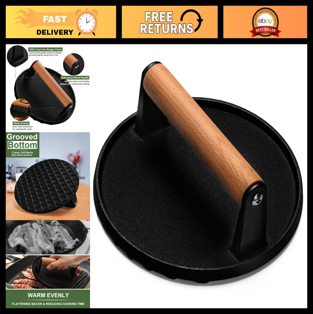 Heavy-Duty 7" Cast Iron Burger Press with Wood Handle - Nonstick Meat & Bacon Sm