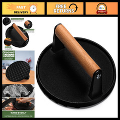 Heavy-Duty 7″ Cast Iron Burger Press with Wood Handle – Nonstick Meat & Bacon Sm