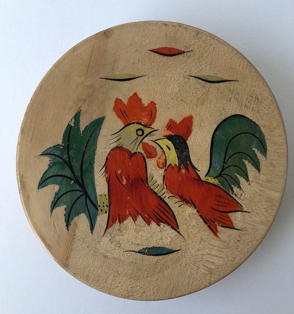 Wood Hinged Hamburger Press Fighting Roosters Vintage Japan 1950s