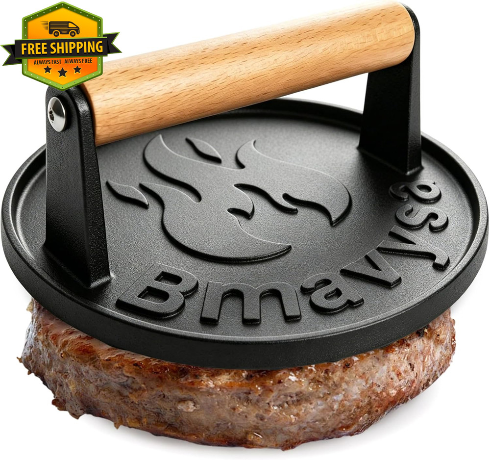 Heavy Duty Cast Iron Burger Press Non Stick Smasher For Griddle Grill BBQ Tool
