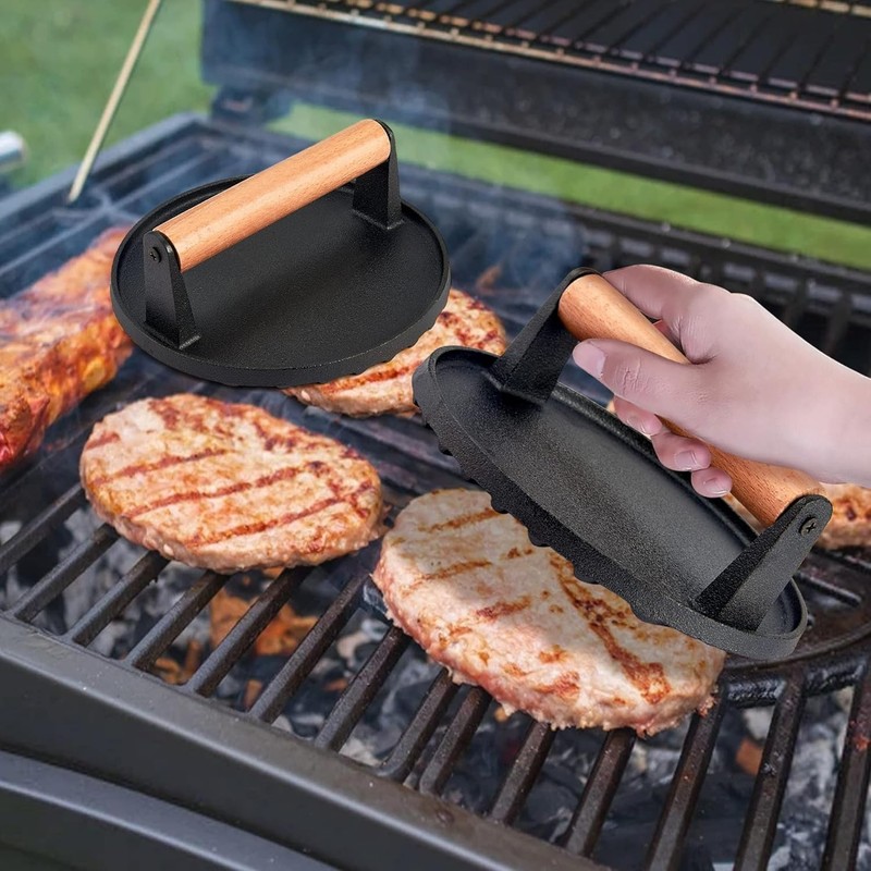 7-Inch Heavy-Duty Cast Iron Burger Press with Wooden Handle - Ideal for Grilling gallery