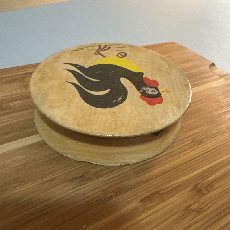 Vintage MCM Hamburger Press Wood Painted Rooster Good Condition 4” Diameter gallery
