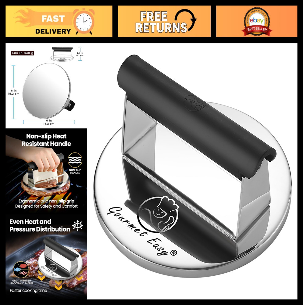 2lb Stainless Steel Burger Press with Heat Resistant Handle - Dishwasher Safe Gr