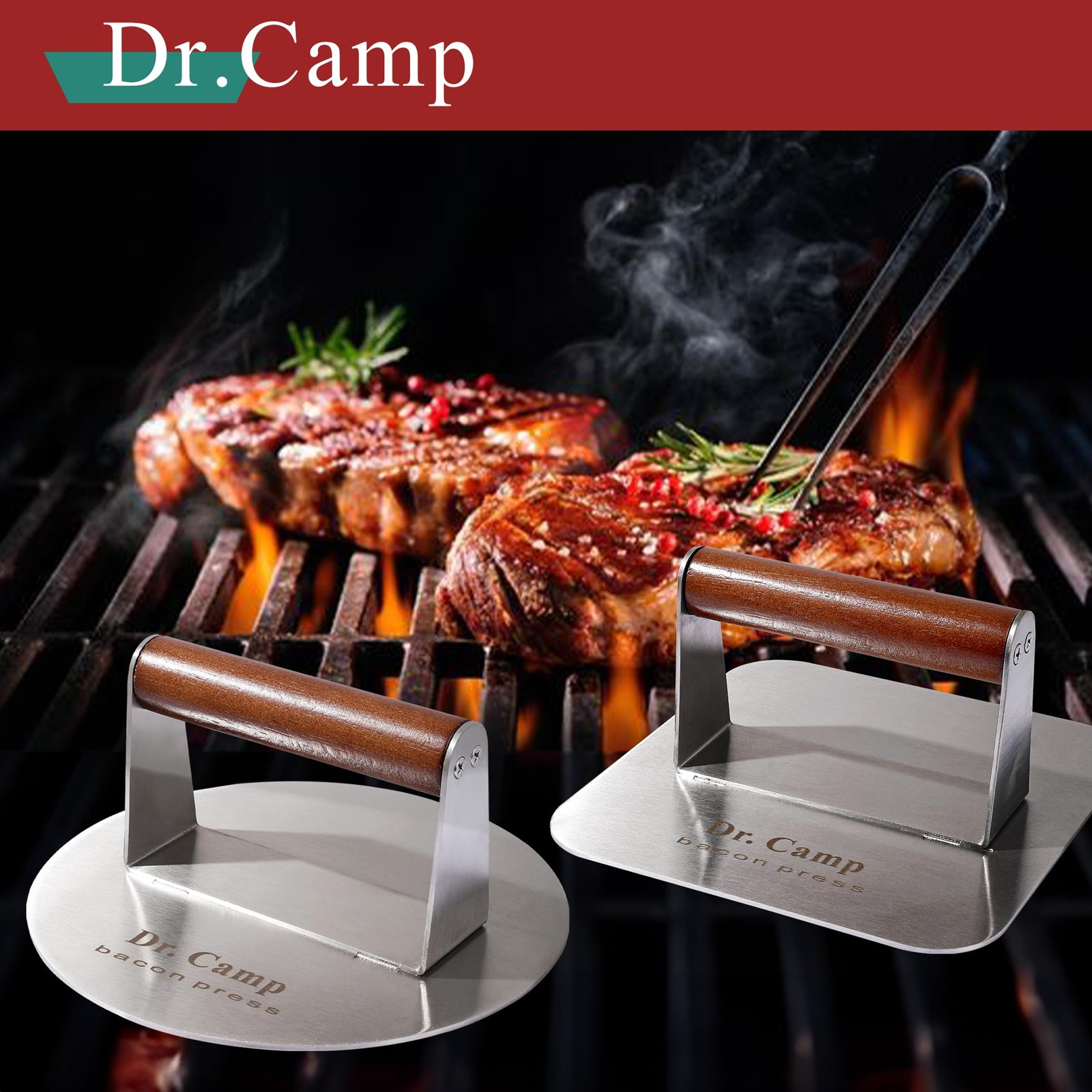 2 Pack 7 Inch Stainless Steel Burger Press Grill Smasher Bacon Press Wood Handle gallery