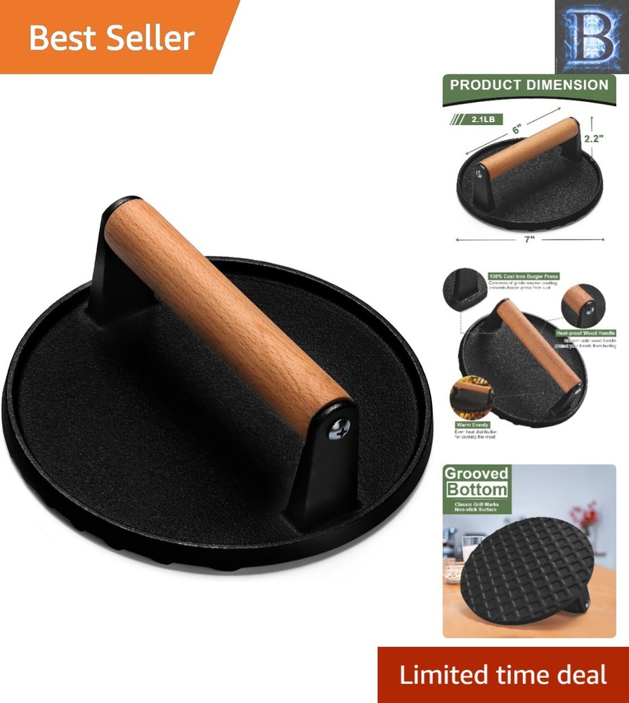 Heavy-Duty 7-Inch Cast Iron Meat Press - Perfect for Burgers, Bacon, and More