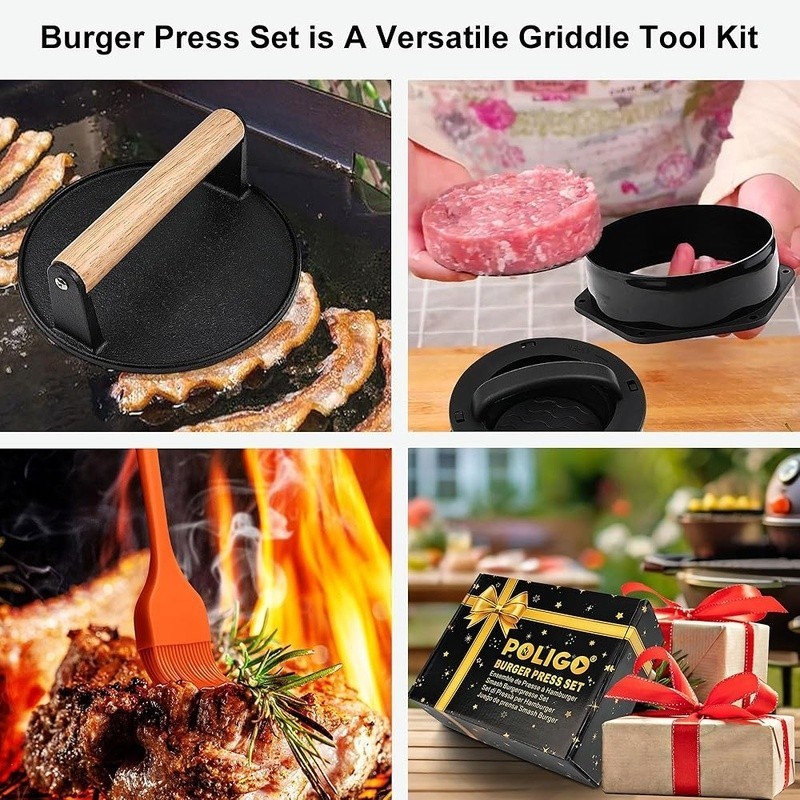 Smash Burger Press Kit 4 in 1 Hamburger Patty Storage Container Cast Iron gallery