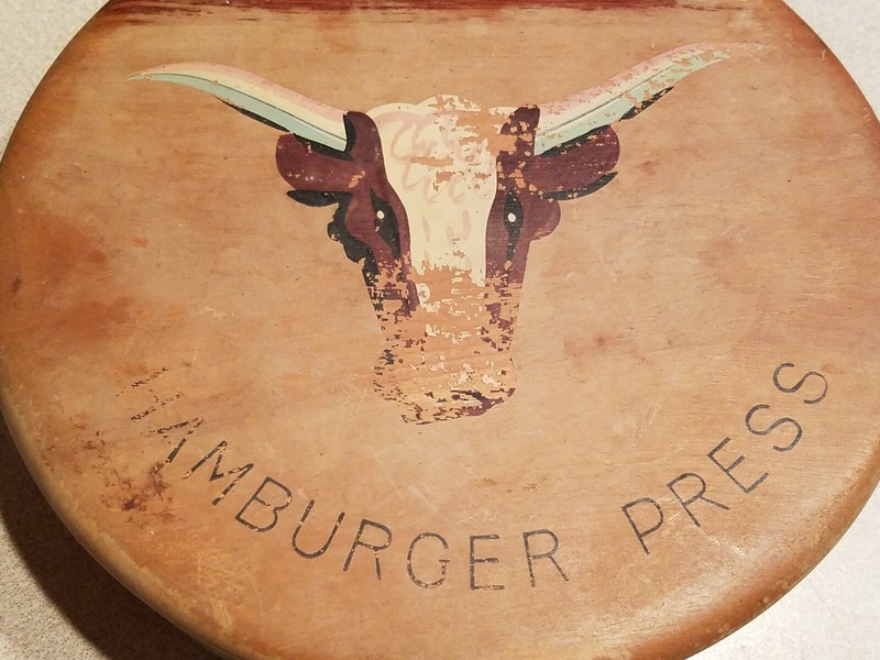 VINTAGE WOOD HAMBURGER PRESS MADE IN JAPAN w/ BULL PAINTED GRAPHIC gallery