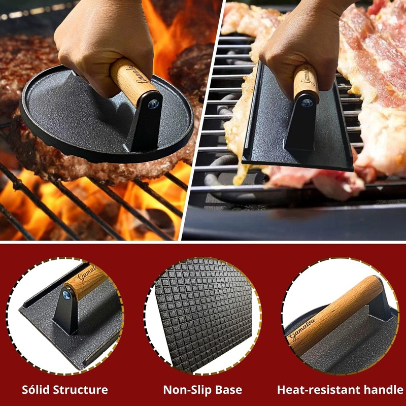 Smashed Burger Press BBQ Kit: 7" Round & 8.2x4.3 Rectangle Cast Iron Bacon Pr... gallery