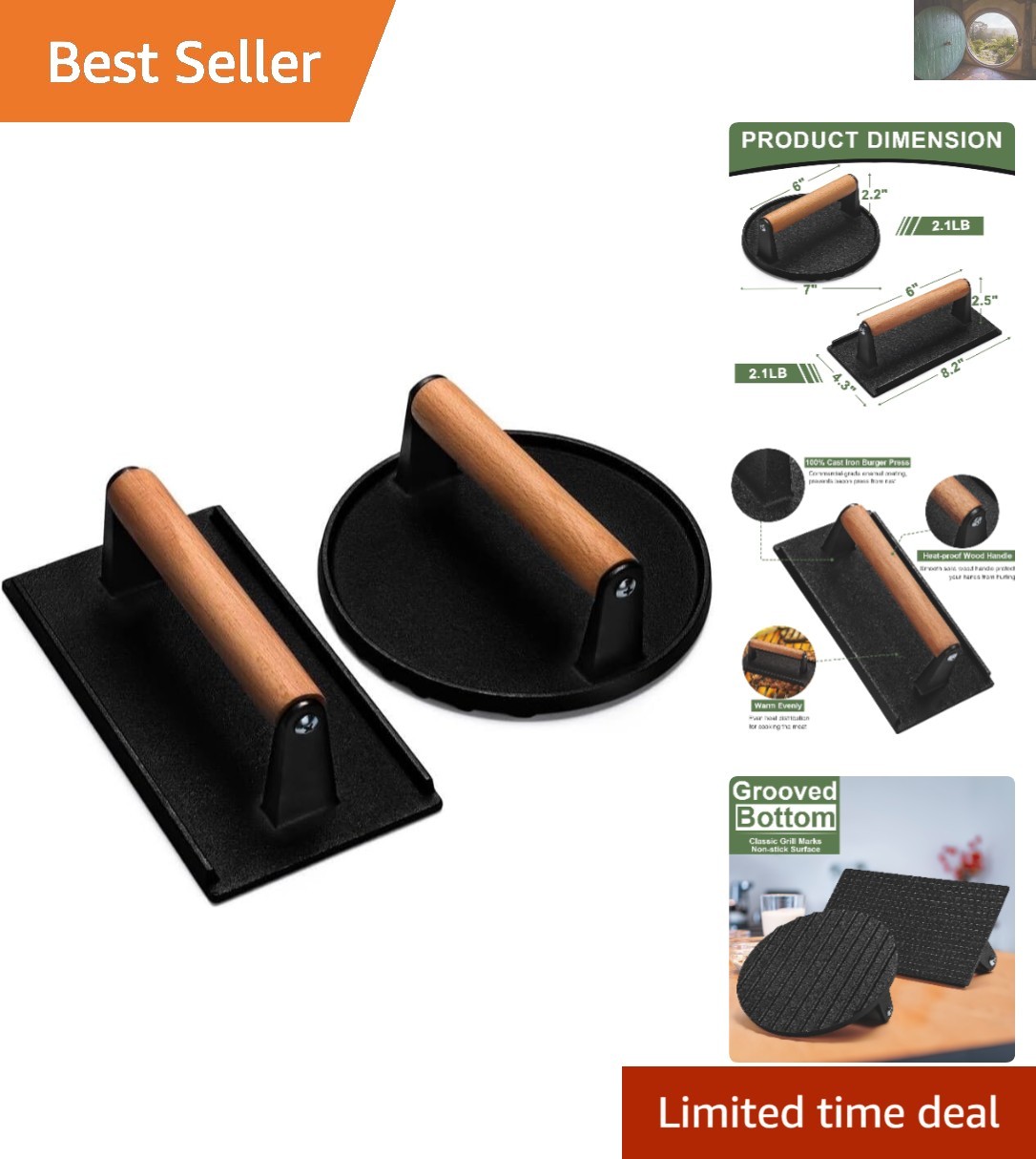 Heavy-Duty Cast Iron Burger Press with Comfort-Grip Handle for Perfect Grilling gallery