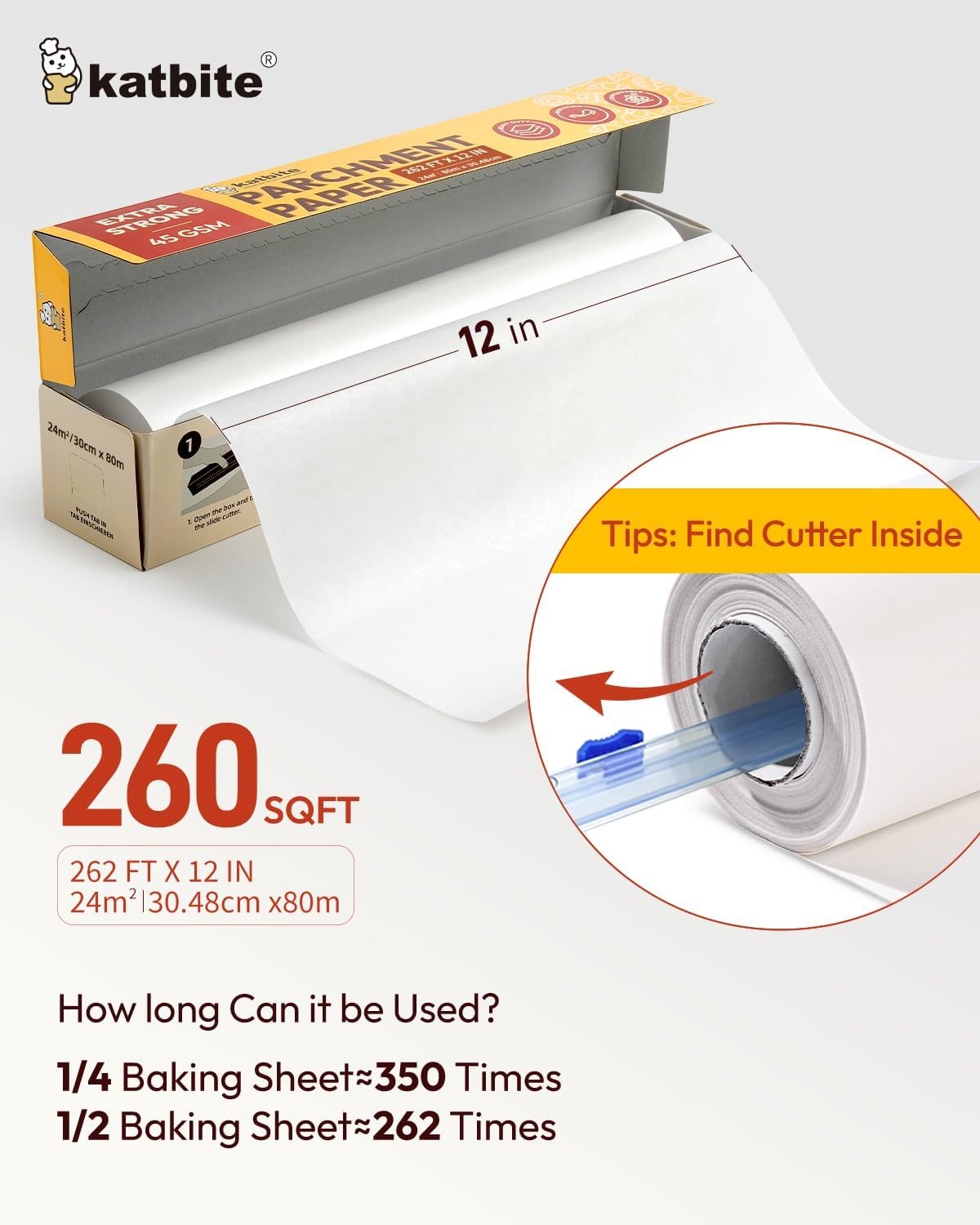 Katbite Heavy Duty Parchment Paper Roll for Baking, 12 12 in x 262 ft, White gallery