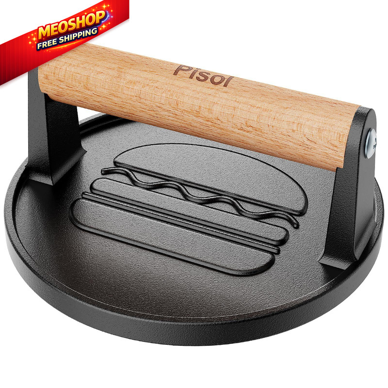 Pisol Smash Burger Press, Pre-Seasoned Cast Iron Hamburger Smasher, 2 Round gallery