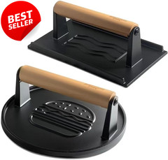 Cast Iron Burger Press Set 2PCS Round Rectangle Grill Bacon Meat Tool – US
