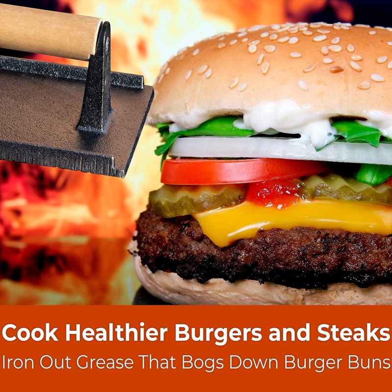 Versatile Safetouch 8x4in Cast Iron Grill Weight 1pc. Meat Press With Wooden Han gallery