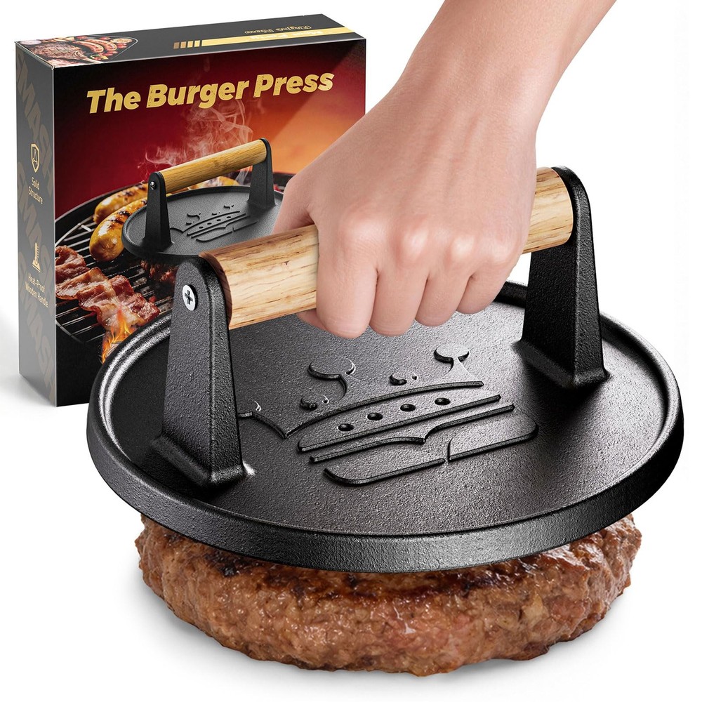 Burger Press 6.5â€,Cast Iron Flat Round Edge Grill/Bacon/Meat/Hamburger/C