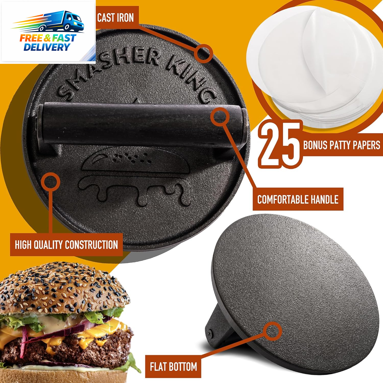™ - Premium Cast Iron Smash Burger Press Incl. 25 Pcs of Patty Paper, Burger Sma gallery