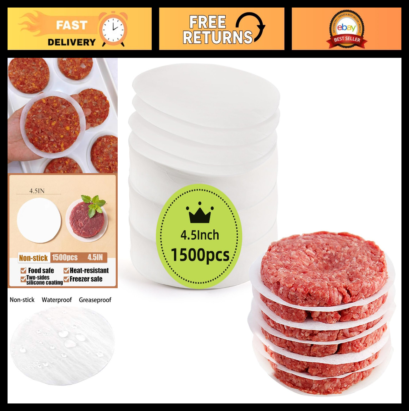 1500pcs Non-Stick Hamburger Patty Paper, 4.5" Round Wax Sheets for Freezing & BB gallery