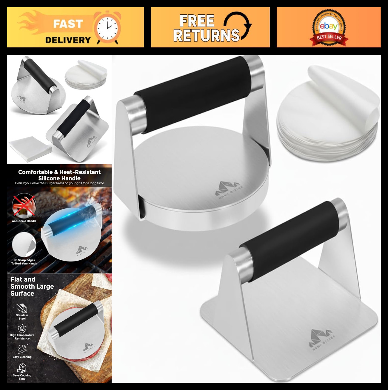 Stainless Steel Burger Press 5.5" Round & Square - Non-Stick Meat Masher + 100 P gallery