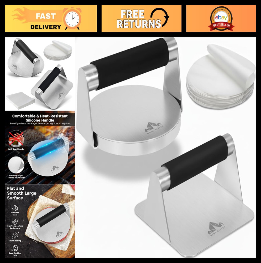 Stainless Steel Burger Press 5.5" Round & Square - Non-Stick Meat Masher + 100 P