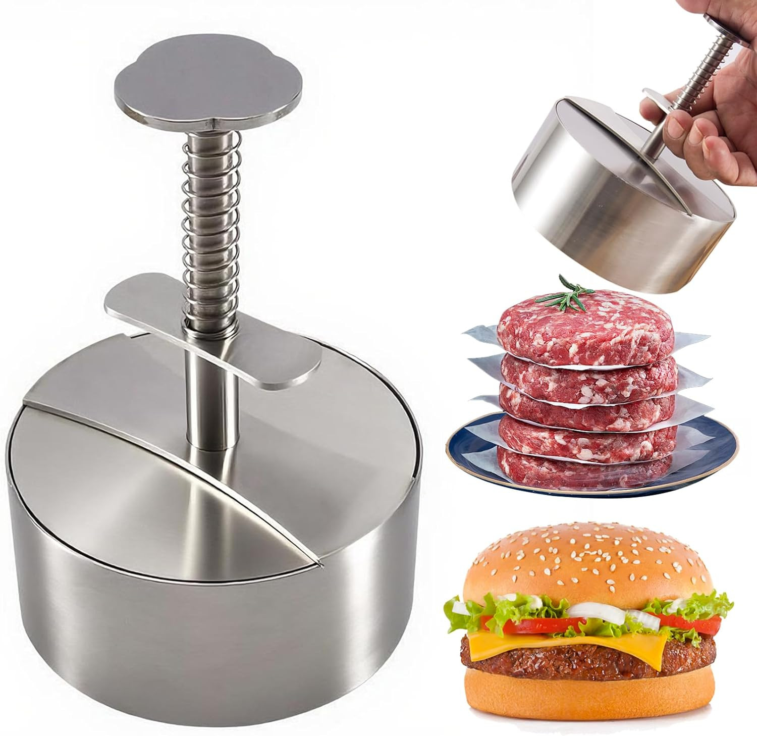 304 Stainless Steel Burger Press, Heavy Duty Adjustable Hamburger Meat Press Mak gallery