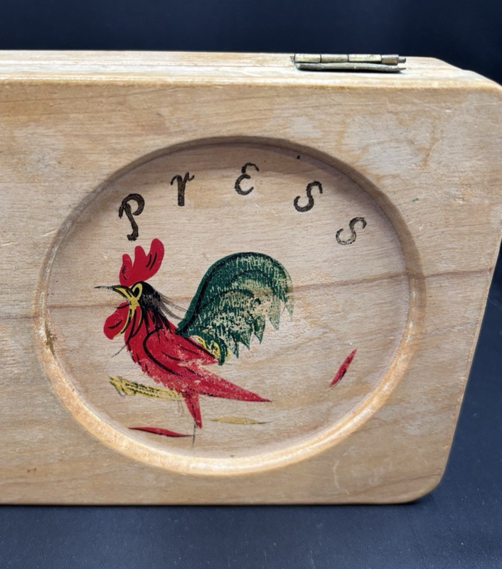 Vtg Wooden Hamburger Press Double Hinged 1950s Red Rooster Farmhouse Rustic gallery