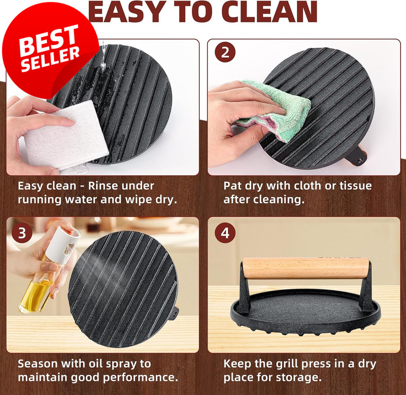 Cast Iron Burger Press Set Round Rectangle Steak Weight Wood Handle Griddle - US gallery