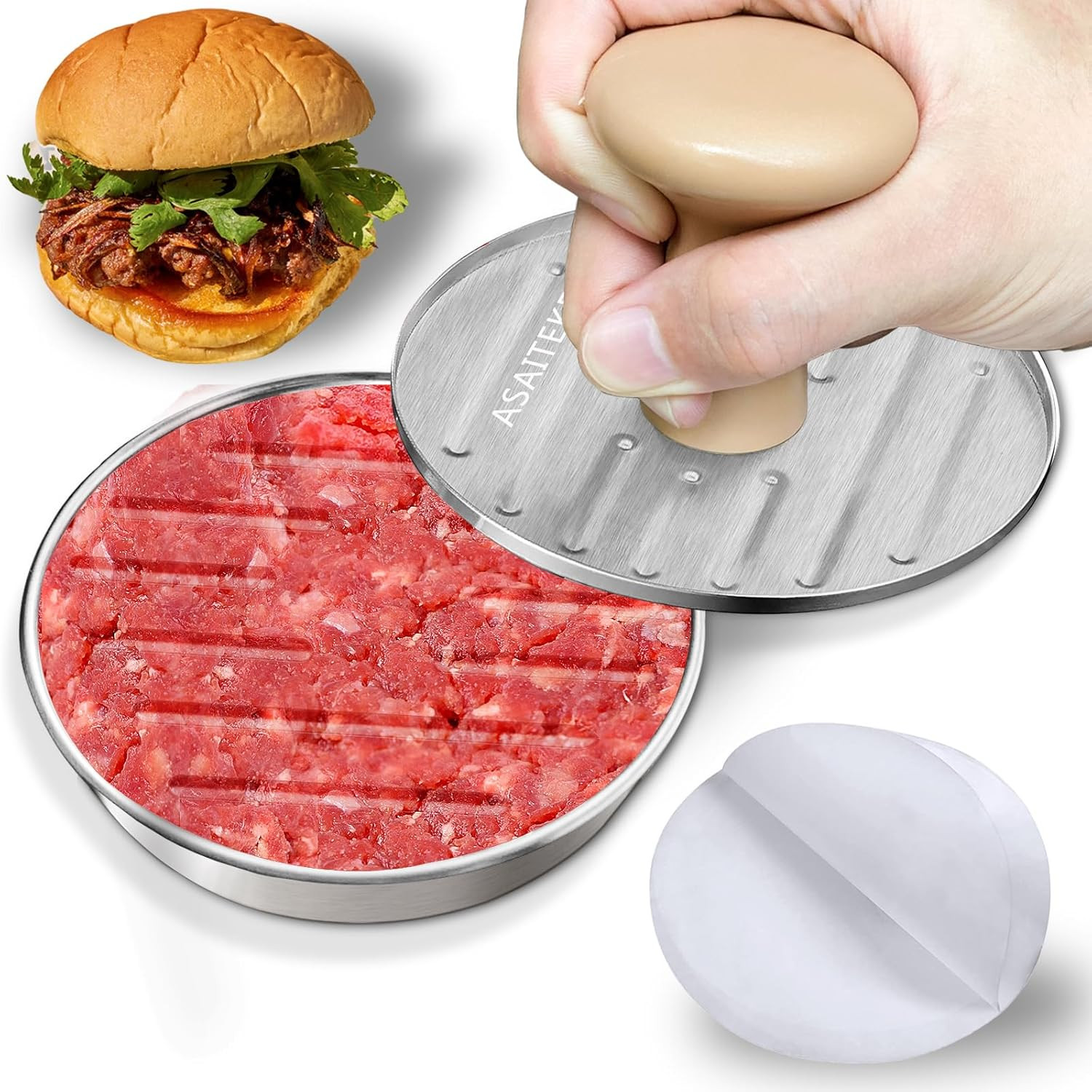 Burger Press, 5”Stainless Steel Hamburger Press Patty Maker, Non-Stick Hamburger gallery
