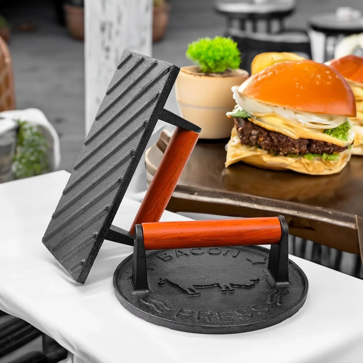 Cast Iron Bacon Press for Griddle - Heavy Duty Smash Burger Press with wood hand gallery