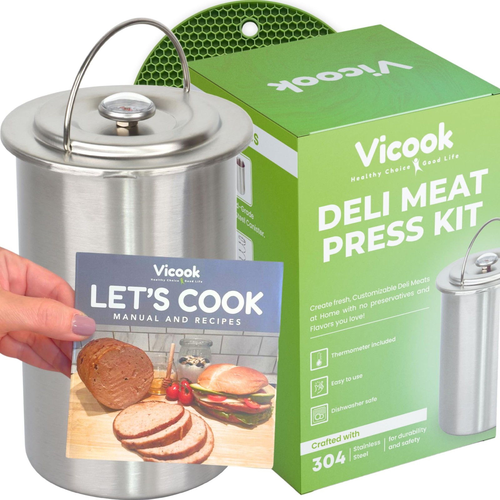 Vicook Deli Meat Press Kit - Stainless Steel Large Standard Size, Silver gallery