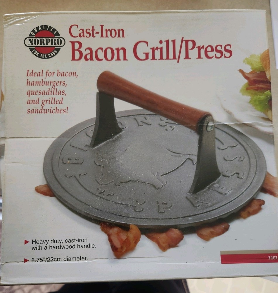 Norpro Cast Iron Bacon Grill Press 8.75 in Heavy Duty Hardwood Handle