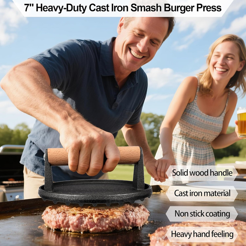 7" Cast Iron Smash Burger Press, Hamburger Press Patty Maker, Stainless Steel Sp gallery