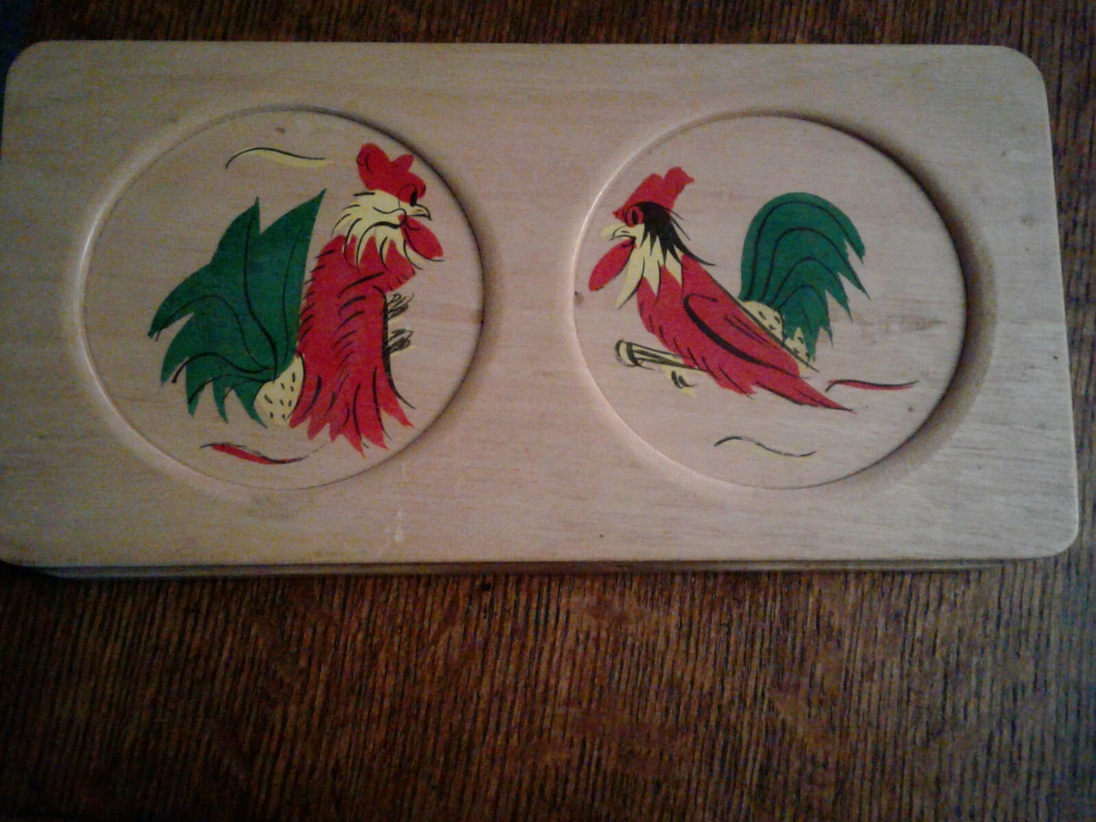 Vintage Double Wood Hamburger Press with Hand Painted Rooster Design   gallery