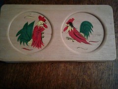 Vintage Double Wood Hamburger Press with Hand Painted Rooster Design  