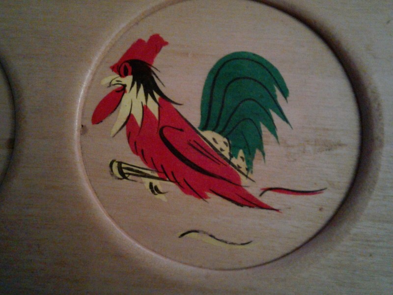 Vintage Double Wood Hamburger Press with Hand Painted Rooster Design   gallery