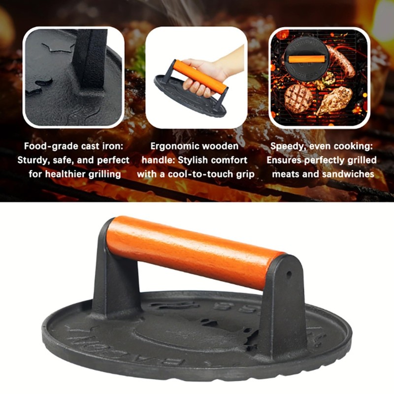 Burger Press, Heavy Duty Cast Iron Grill Bacon Press with Stay-Cool Wood Hand... gallery