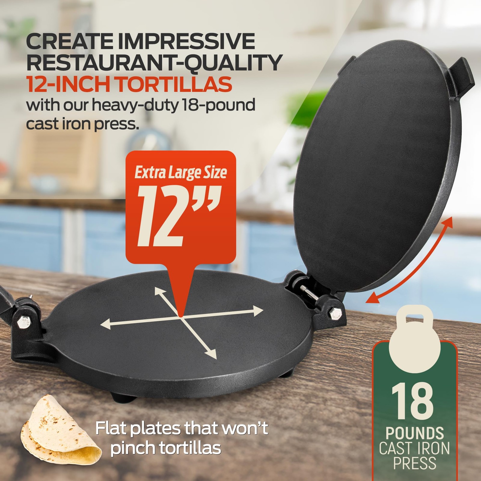 SIRCLES Cast Iron Tortilla Press 12 Inch – Heavy Extra Large 12 Inch, Black gallery