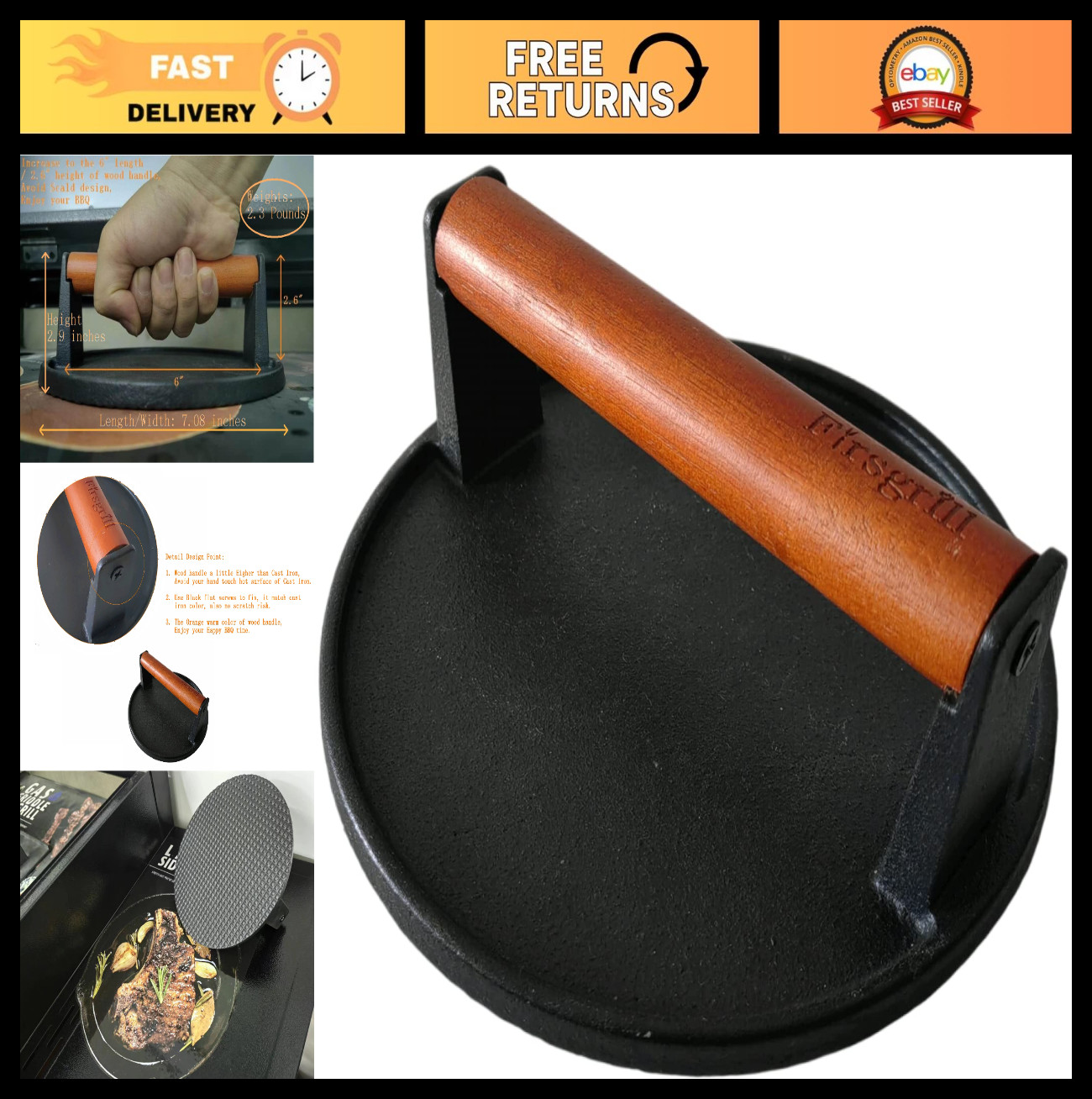 Heavy-Duty Cast Iron Burger Press 7" Round - Smash Meat Steak Tool with Wood Han gallery