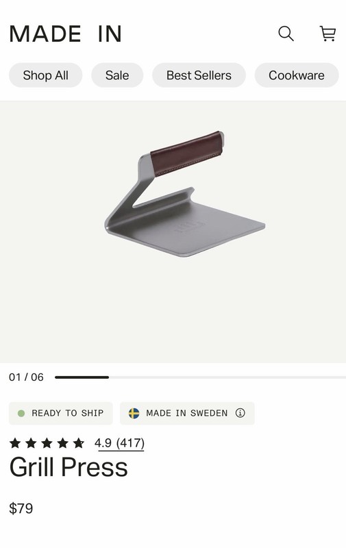Made In 5.5” Metal Grill Press, Stainless Steel w/ Brown Leather Handle gallery