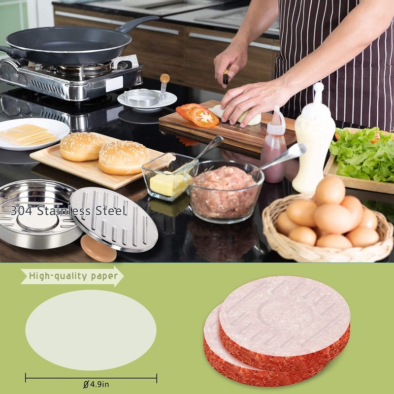 5" Stainless Steel Hamburger Press Patty Maker with 100 Pcs Wax Paper Sheets gallery